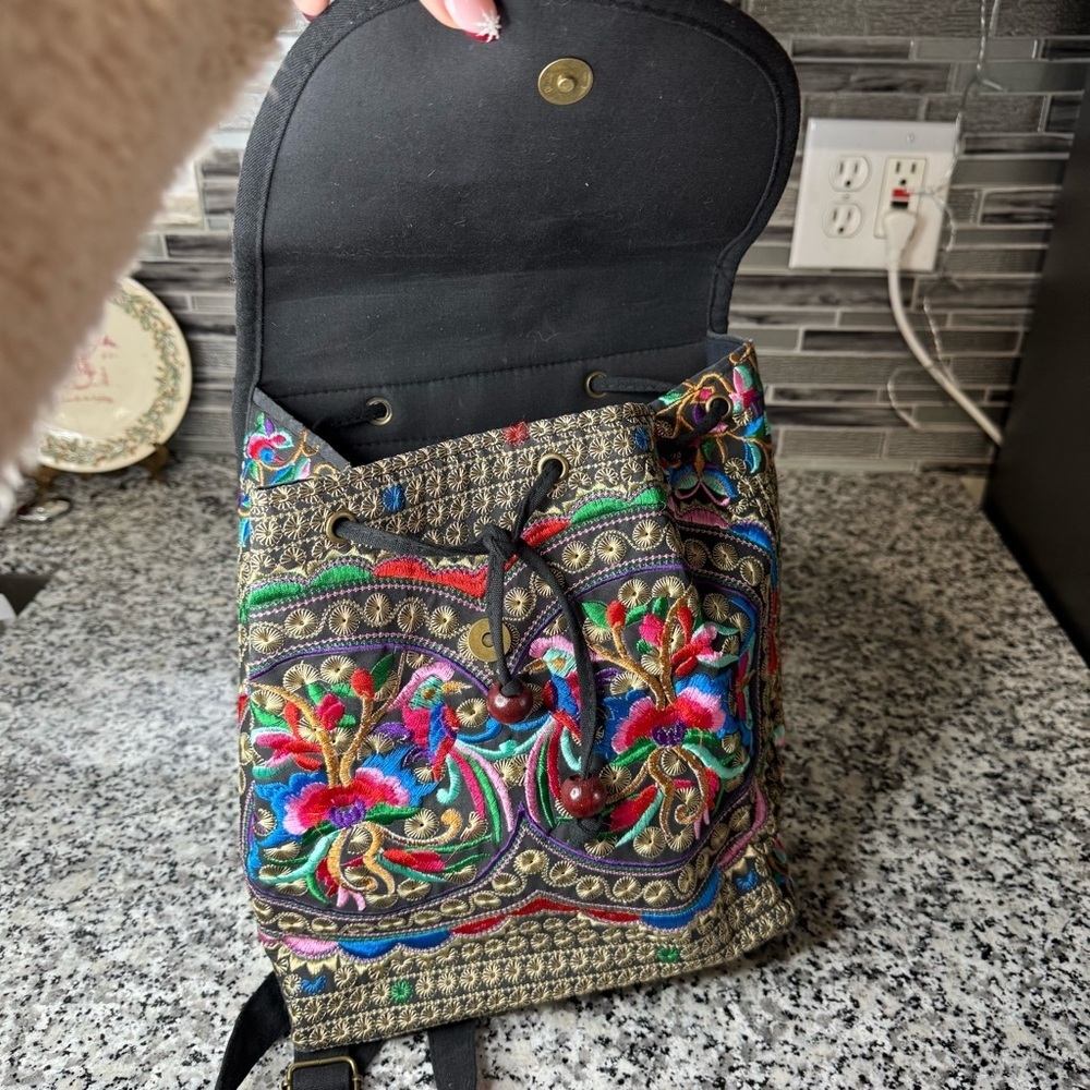 Women's Vintage Unique Cute Canvas Backpack Purse with Floral Embroidery - Picture 9 of 13